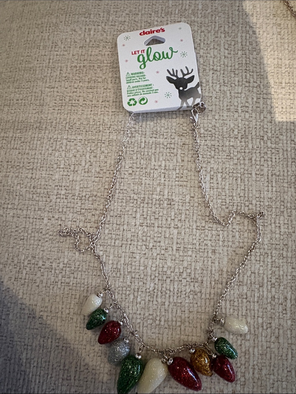 Claire's Silver Necklace with Red, Green, Gold & White Glitter Bulb Charms